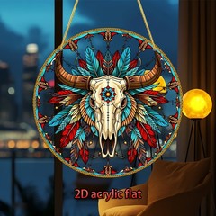 Boho Bull Skull Acrylic Suncatcher Colorful Feather Window Wall Hanging Decor