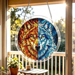Classic Fire Ice Split Wolf Round Acrylic Puzzle Suncatcher Wall Hanging