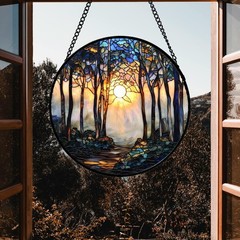 Stained Glass Suncatcher, Forest Sunrise Tree Design for Home Decor, 7.8 in