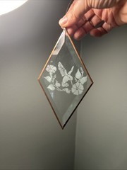 Vintage Hummingbird Sun Catcher Clear Beveled Glass Etched Copper Edged 4” X 7”