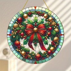 Red Xmas Stocking Acrylic Suncatcher Round Floral Berry Print Wall Hanging