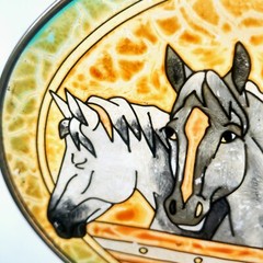 Amia 5 Horses Suncatcher Stained Glass Hand Painted Western Decor Amber/Teal 9×7