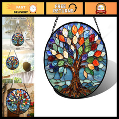 Colorful Tree of Life Stained Glass Window Hanging Suncatcher Decor 9.8″ Gift