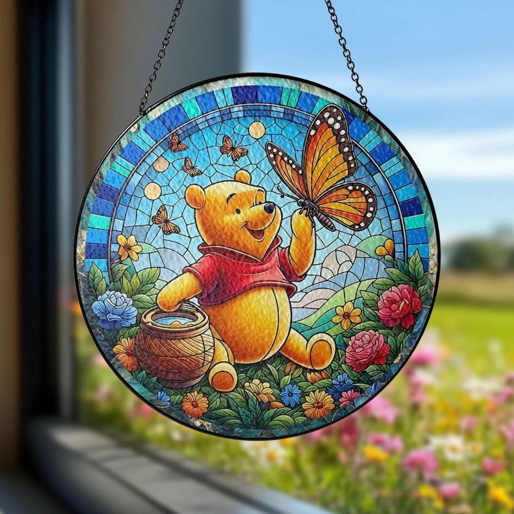 Winnie The Pooh Bear Stained Glass Suncatcher, Disney Winnie Bear, Garden Decora