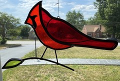 Vintage 70’s Leaded Stained Glass Red Cardinal Sun Catcher