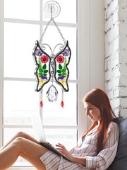 Butterfly Stained Glass Suncatcher with Real Flower Wings for Home Decor