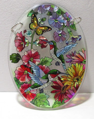 🙂 AMIA Hummingbirds Floral Oval Painted Etched Glass Suncatcher Chain 7″x 5.25″