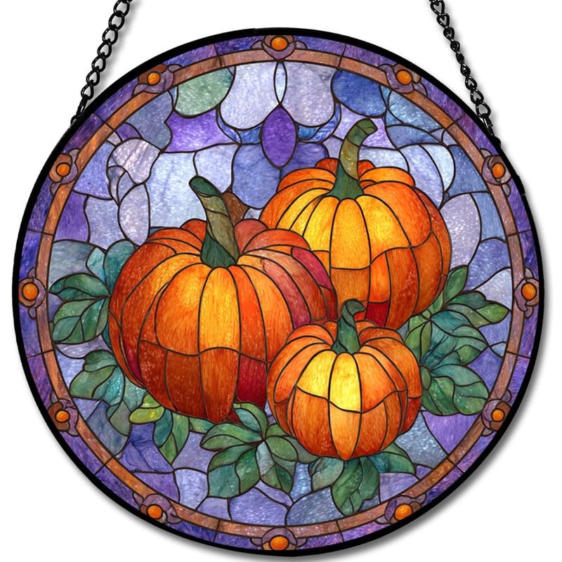 Pumpkin Patch Stained Glass Sun Catcher – Indoor Window Decor 7.8in