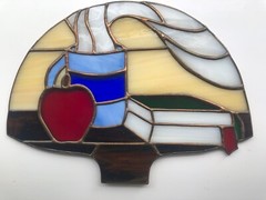Stained Glass Large Standing Mushroom, 8 x 10 inches, Apple, Cup o Coffee, Books