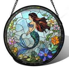 Light Blue Mermaid Stained Glass Suncatcher for Home, Garden, Door Decor