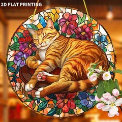 Sleeping Orange Tabby Cat Floral Acrylic Suncatcher Window Hanging Decoration