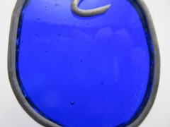 BLUE PLUM SIGNED by Artist Rubins Vtg Handmade Stained Glass Sun Catcher Window