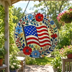 American Floral Flag Stained Glass Suncatcher Patriotic Decor