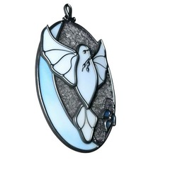 Vintage 3D White Dove Stained Glass Suncatcher Oval Frame Window Hanging Decor