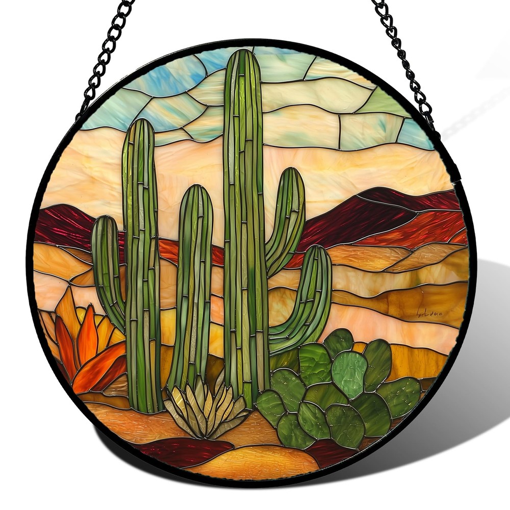 JOSUMALY Stained Glass Window Hanging, Green Cactus Sun Catcher for Door Terr…
