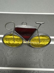 Stained Glass Bicycle Suncatcher w/Yellow Wheels & Red Triangular Frame 5″x3.25″