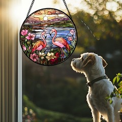 “Flamingo Wildflowers Stained Glass Suncatcher for Home Garden Decor 6.3 in”
