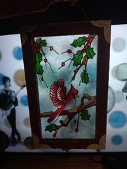 Large Suncatcher Faux Stained Glass Panel 16×10″ Red Cardinal In Snow Decor Neat