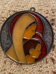 Vtg Stained Glass looK Christmas  Suncatcher Blessed Mother Mary and Baby Jesus