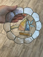 Sailing Boat & Seagull Capiz Shell Round Sun Catcher Window Hanger Beach House