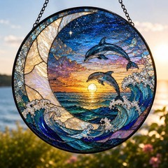 Dolphin Ocean Sunset Window Hanging, Sea Wave Stained Glass Suncatche Decor Gift