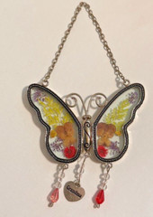 Grandma Butterfly Suncatcher with Pressed Flower Wings and Heart Charm VINTAGE