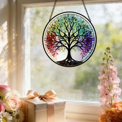 7.87 Inch Stained Glass Window Hanging,Tree of Life Glass Panel Colorful Sun …