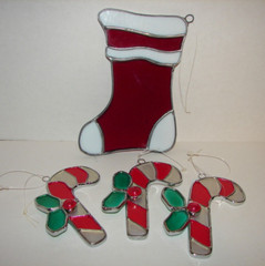 Vintage CHRISTMAS Leaded Stained Glass ORNAMENT Lot Suncatcher Candy Canes