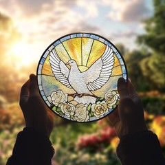 White Dove Stained Glass Suncatcher, Peace Bird Window Hanging with Roses