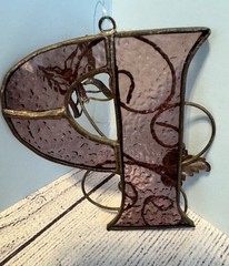 Stained Glass Violet Letter “P” with Butterfly and Leaf Scroll Trim