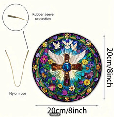 Stunning Acrylic Cross Suncatcher, w/Angel Wings & Doves, Stained Glass Look, 8″