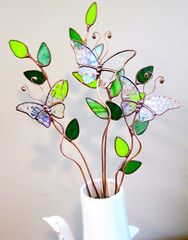 Stained Glass Butterfly Garden Stakes Stem (x3 iridescent Clear Textured) Gifts!