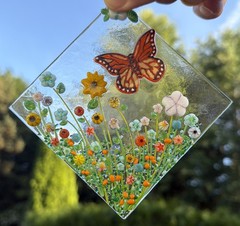 Fused Glass Handmade Diamond Shaped Multicolored Sun Catcher Signed By Artist
