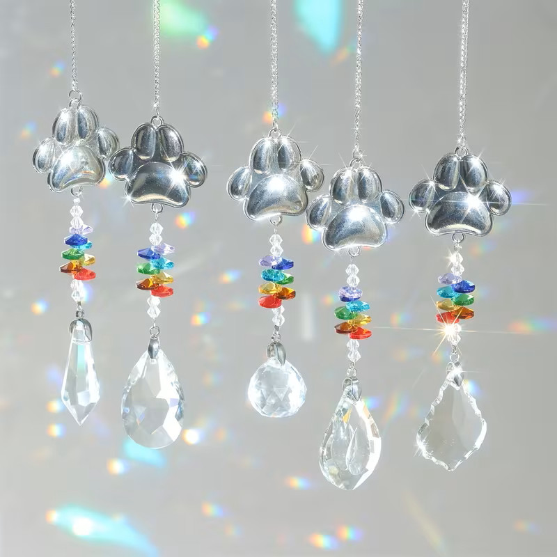 SET of 5 Dog Paw and Cat Paw Print Crystal Pendant -Pet Memorial Gift-Suncatcher