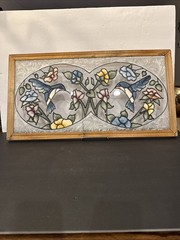 Hummingbirds With Floral Painted Stained Glass Window Art Piece 25.25” X 13.5”