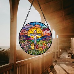 Stained Glass Cross Flower Sun Catcher for Home, Garden, Door Decor, 9.8″