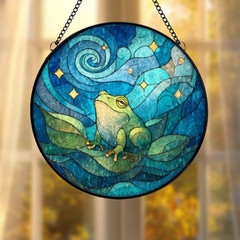 Frog Stained Glass Suncatcher, Whimsical Night Sky Window Hanging
