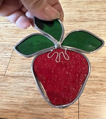 Vintage Stained Glass SunCatcher Window Lead Metal Strawberry Fruit Red 4.5”