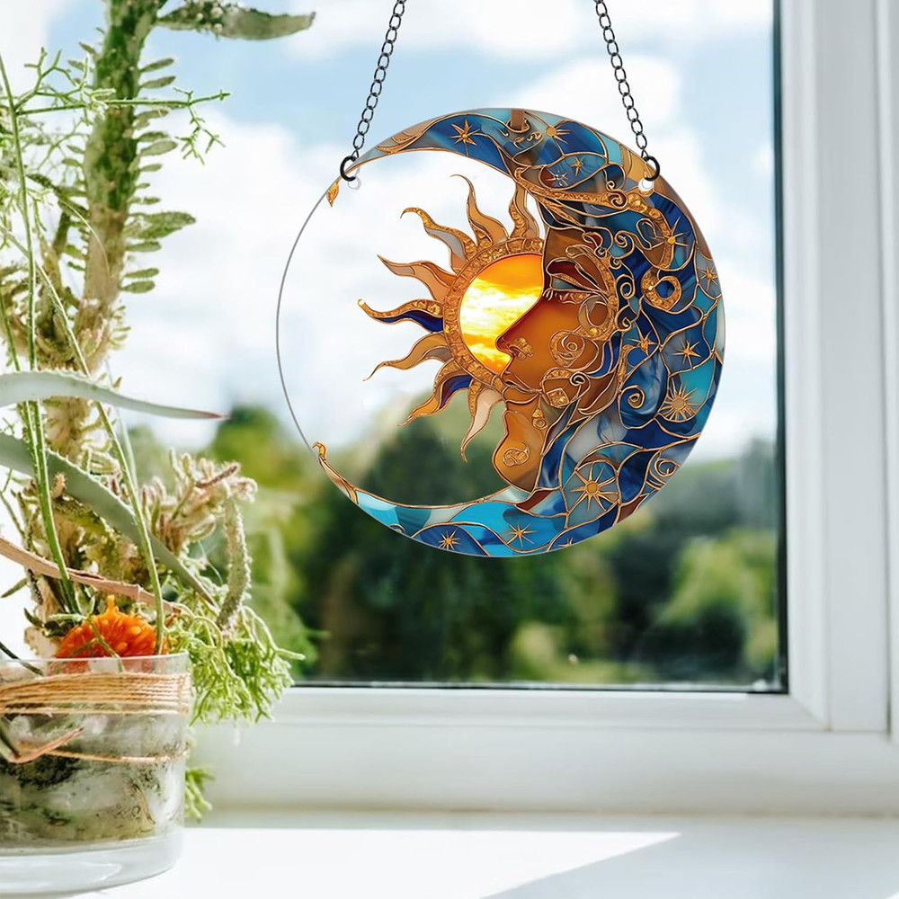 Sun and Moon Stained Acrylic Window Hanging,Sun Catcher Window Decor,Outdoor Gar