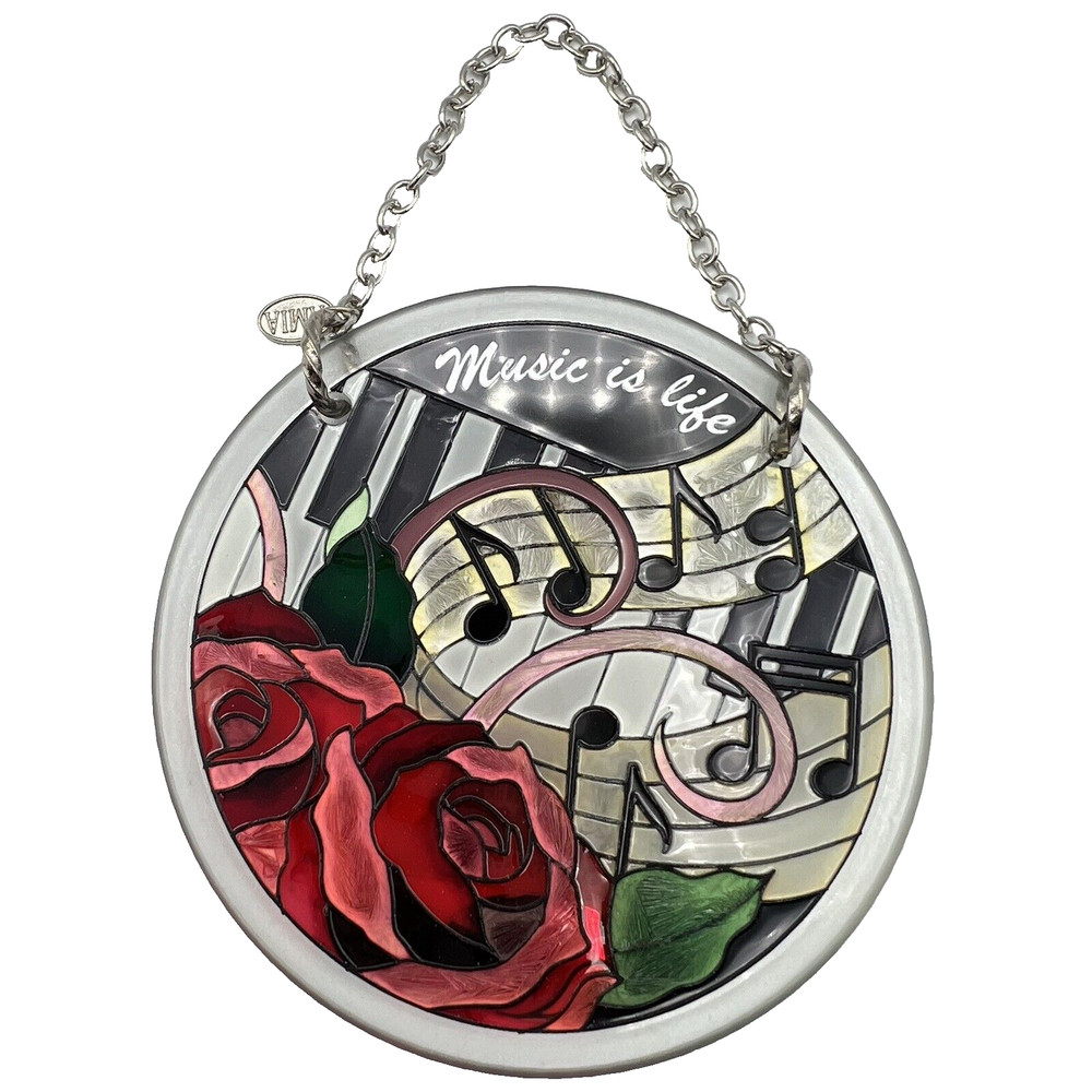 AMIA Studios Music Is Life Text Piano Keys & Roses Suncatcher 3.75″