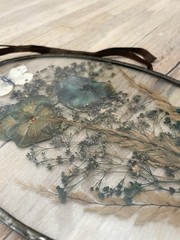 VTG Sun Catcher Glass Leaded Oval Pressed Flower Butterfly Botanical 6” x 9.5”