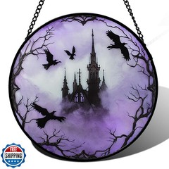 CRISGIF Stained Glass Window Hanging – Halloween Gothic Castle Purple Smoke S