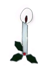 Stained Glass Suncatcher Christmas Candle Holly 12″ L Window Art Glass