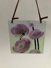 (Square 4.5″ x 4.5″ Flower Bumblebee Glass Sun Catcher with Leather Cord