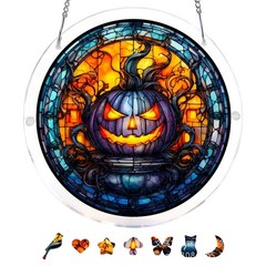 Vintage Spooky Jack O Lantern Mosaic Acrylic Puzzle Suncatcher Wall Decor