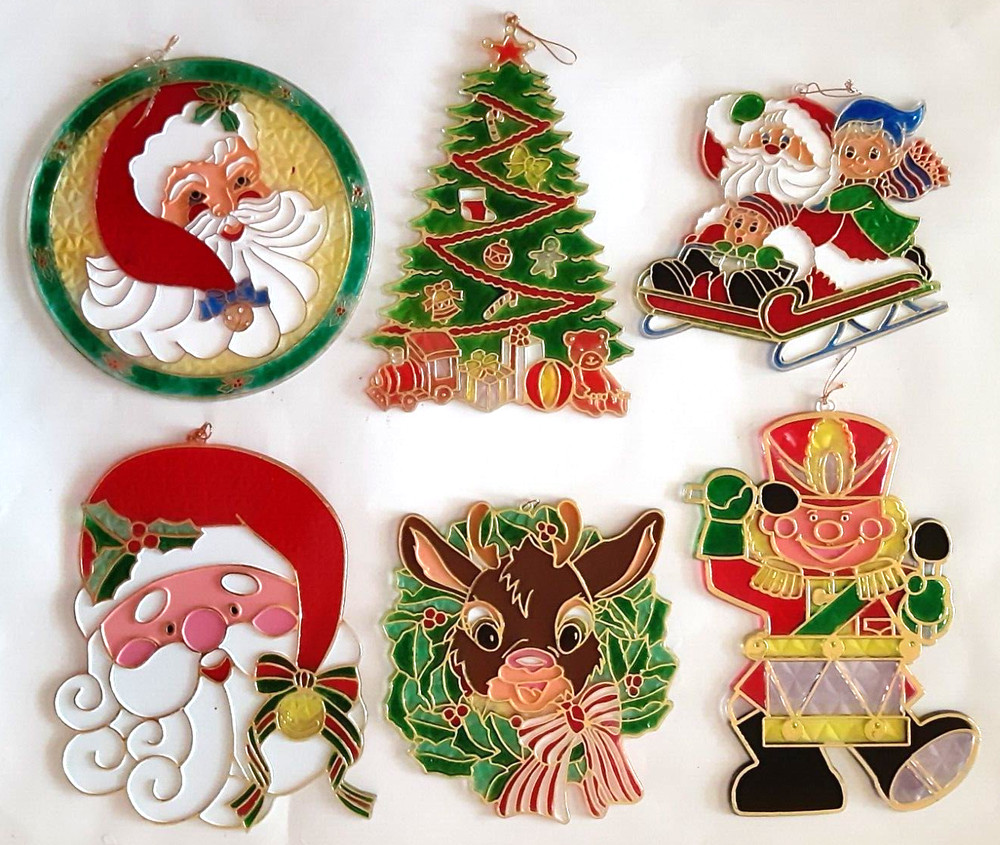 Vintage Christmas Plastic Suncatchers Lot of 6 MCM Holiday Santa Rudolph Decor