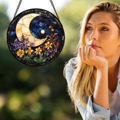 JOSUMALY Stained Glass Window Hanging – Blue Night Sky Moon Suncatcher for Do…