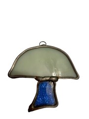 Vintage Stained Glass Mushroom Sun Catcher Ornament 2”x2.5” Blue White Lead Read