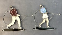 MAN LADY GOLFER hole 7 Set of 3 SUNCATCHER Vtg. LEADED STAINED GLASS Window Deco