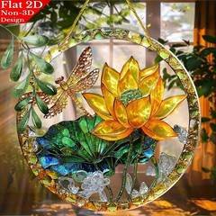 Dragonfly Golden Water Lily Acrylic Suncatcher Round Flat Window Wall Plaque